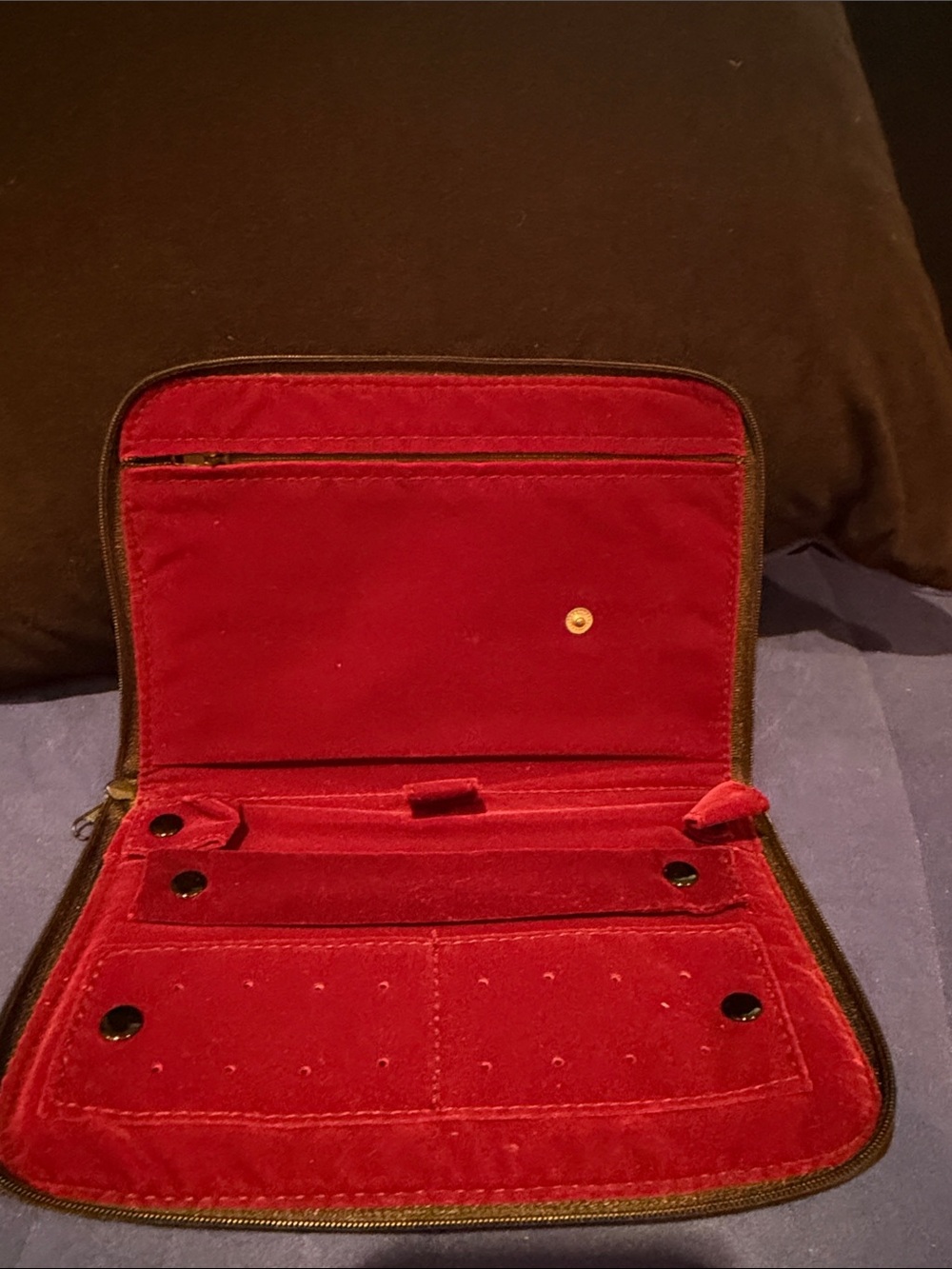 Burgundy plush inside Travel Jewelry Organizer Wallet Zipper closure
